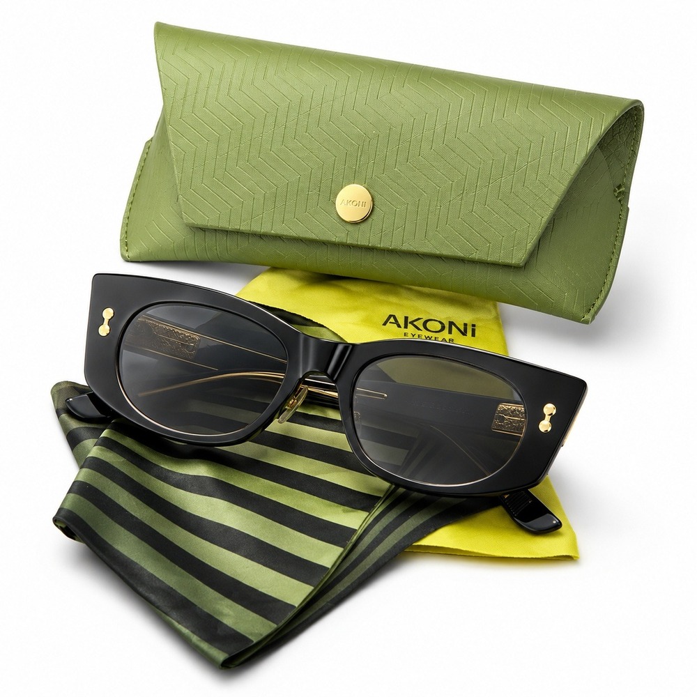 Akoni AKS-103A-52 Sunglasses Black Gold Cat Eye Rectangular Japan Luxury Eyewear